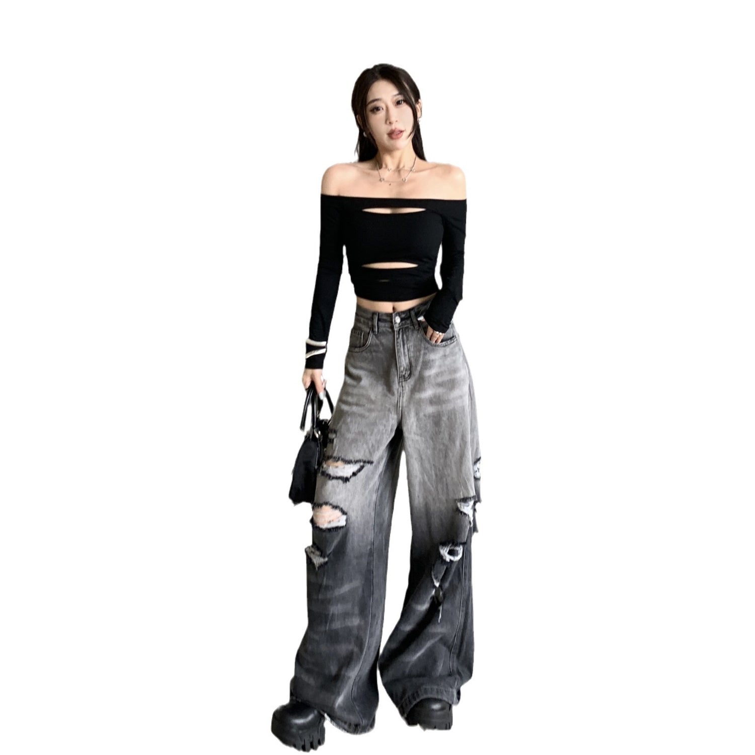 Gradient Color Big Ripped Hot Girl Wide Leg Jeans For Women Limorista