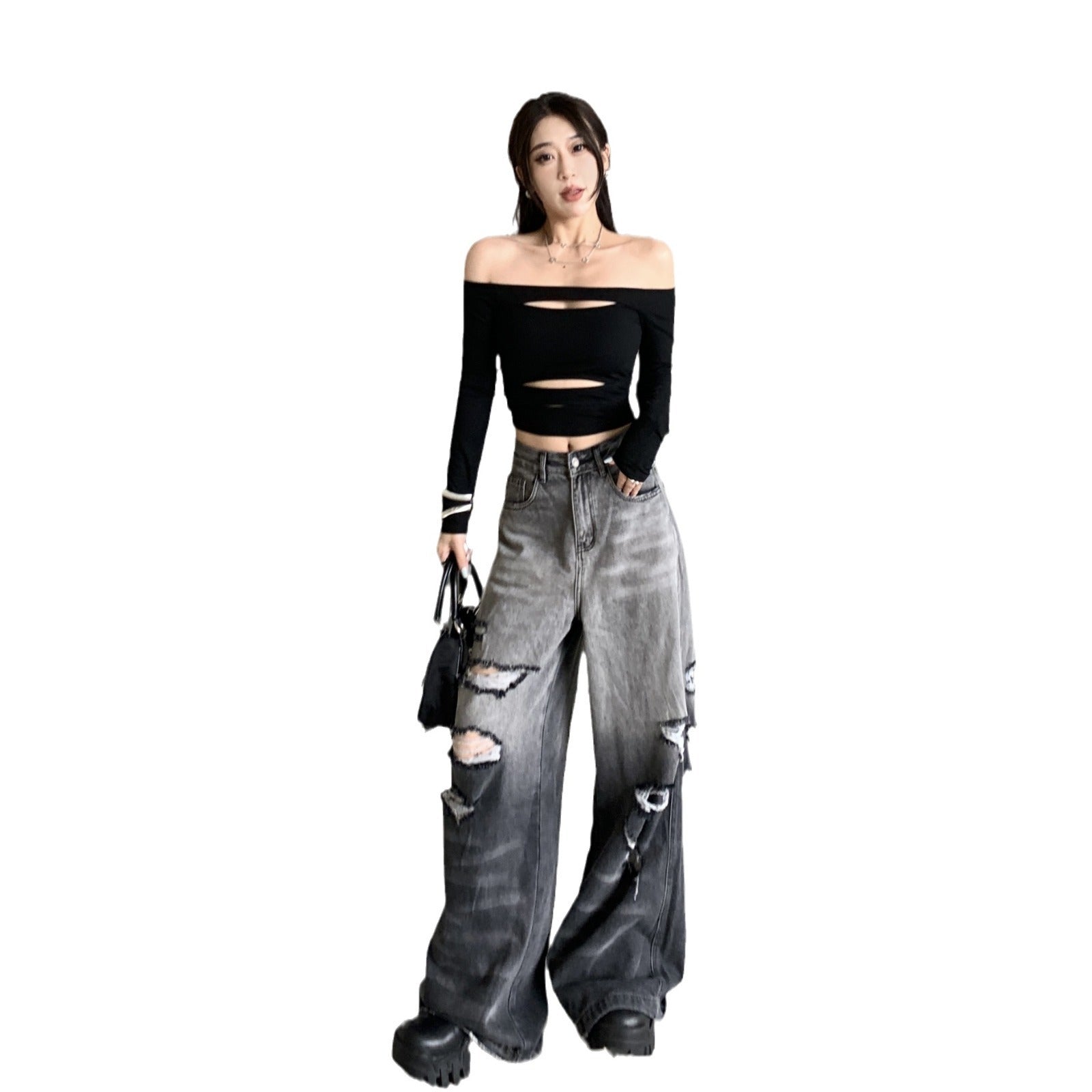 Gradient Color Big Ripped Hot Girl Wide Leg Jeans For Women Limorista