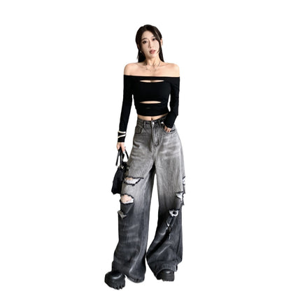 Gradient Color Big Ripped Hot Girl Wide Leg Jeans For Women Limorista