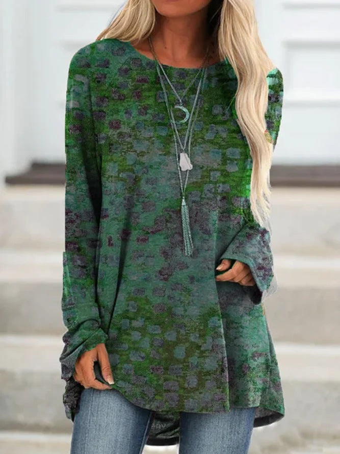 Round Neck Pullover Long-sleeved T-shirt Women&