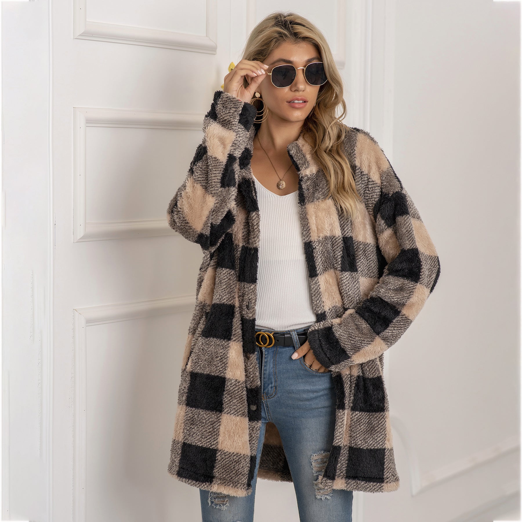 Contrast plaid long coat Limorista