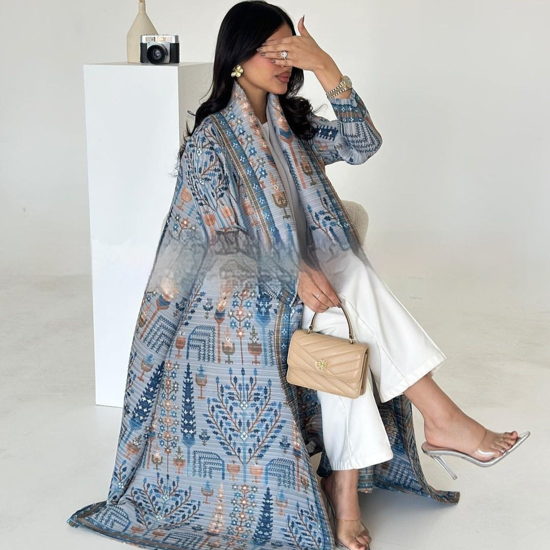 Pleated Trench Djellaba Hot-selling Printed Shawl Cardigan Ethnic Style Cloak Coat Limorista