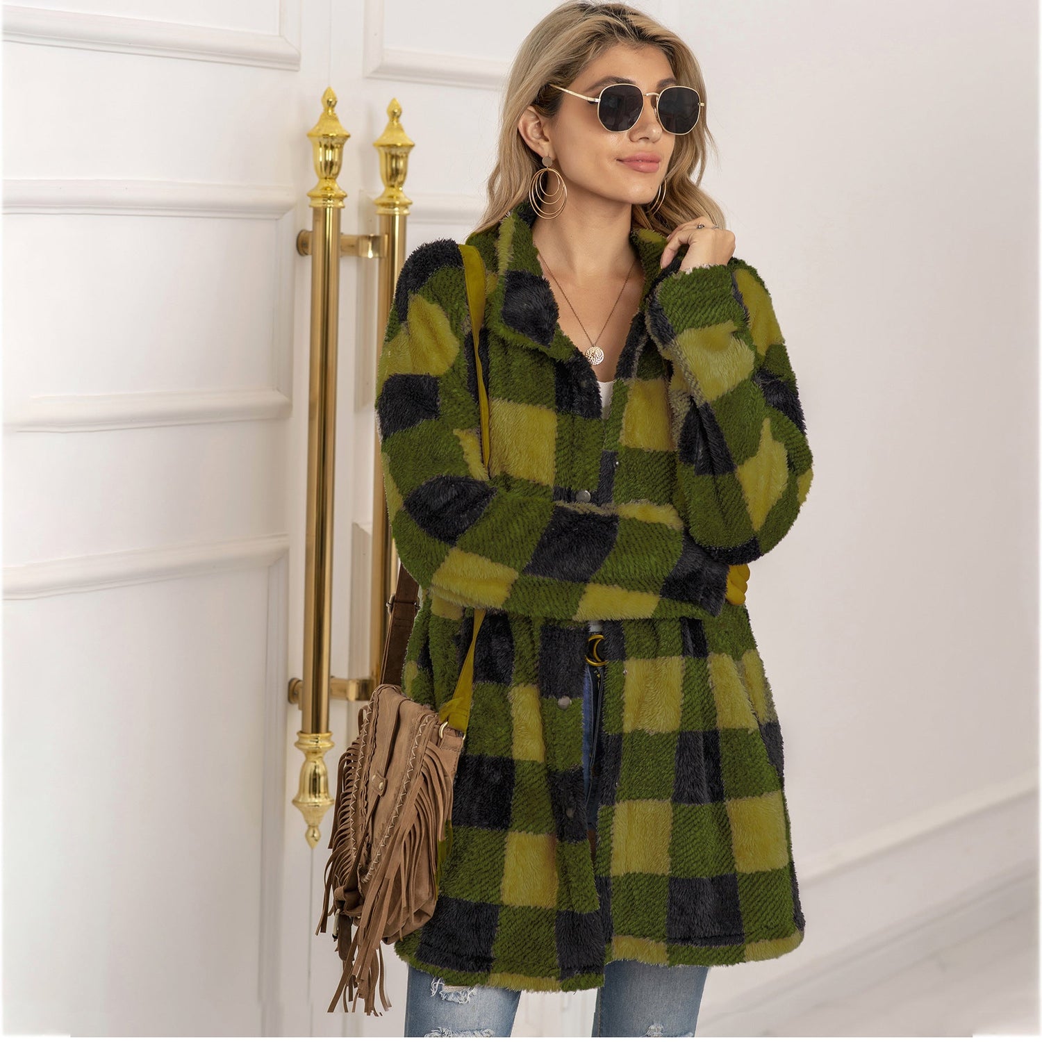 Contrast plaid long coat Limorista
