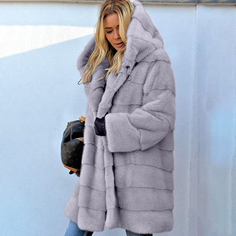 Solid Color Loose Plush Hooded Coatimitation Fur Limorista