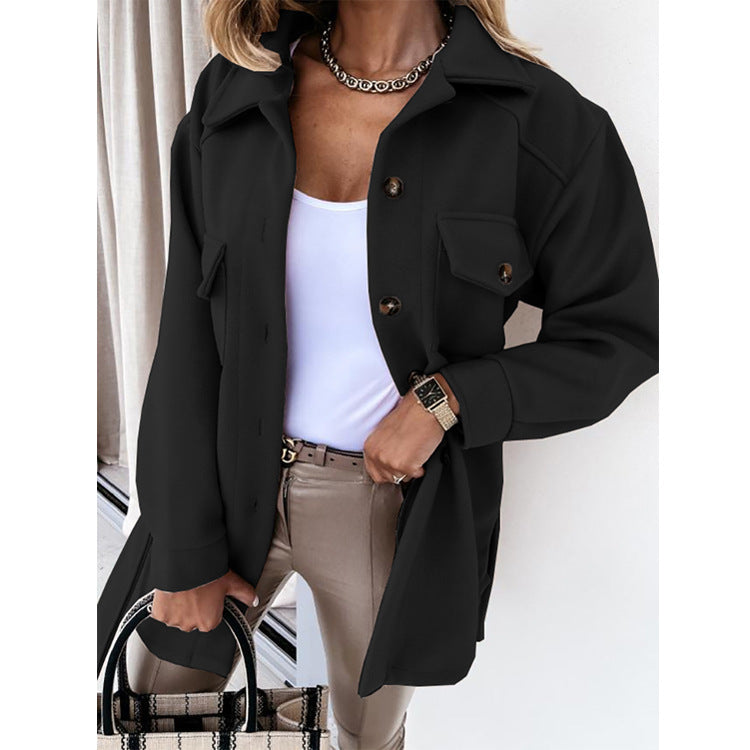 Long-sleeved Temperament Solid Color Lapel Button Lace Woolen Coat Limorista