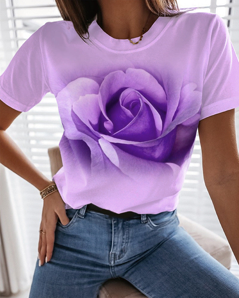 Fashion Rose 3D Printed T-shirt Round Neck Slim Fit Limorista