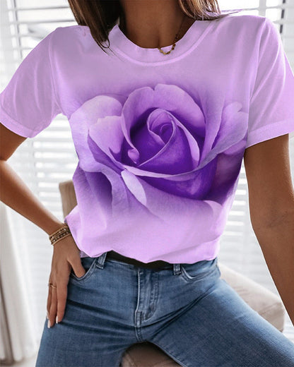 Fashion Rose 3D Printed T-shirt Round Neck Slim Fit Limorista