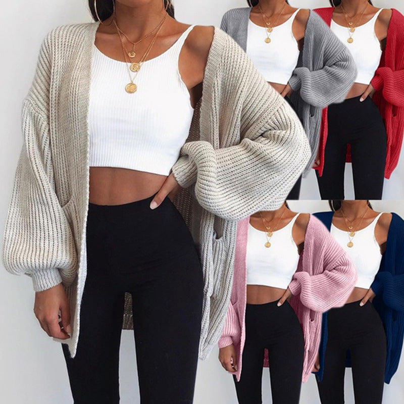 Solid color loose European and American sweater mid-length cardigan Limorista