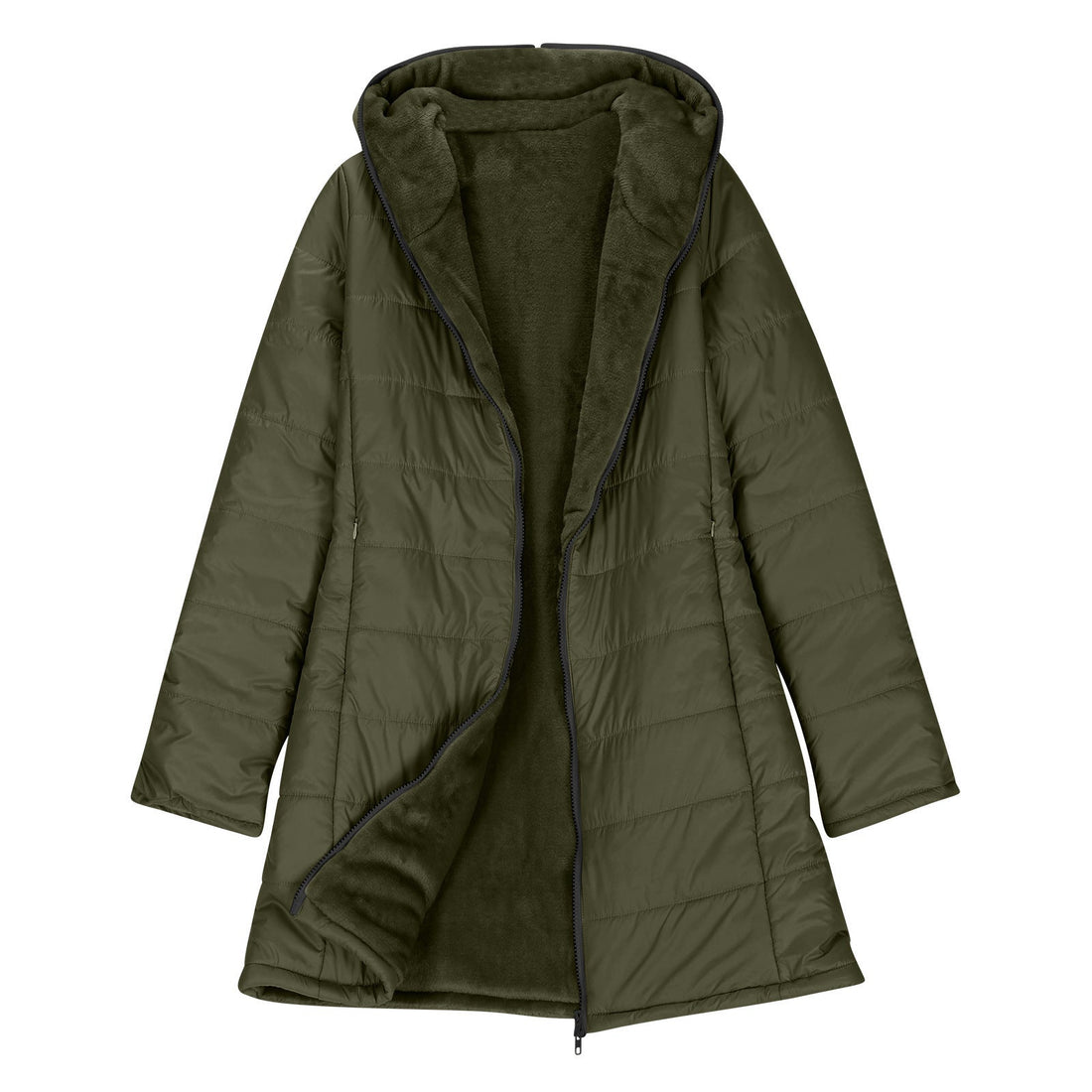 European And American Zipper Outer Wear Hooded Warm Fleece-lined Mid-length Winter Women&