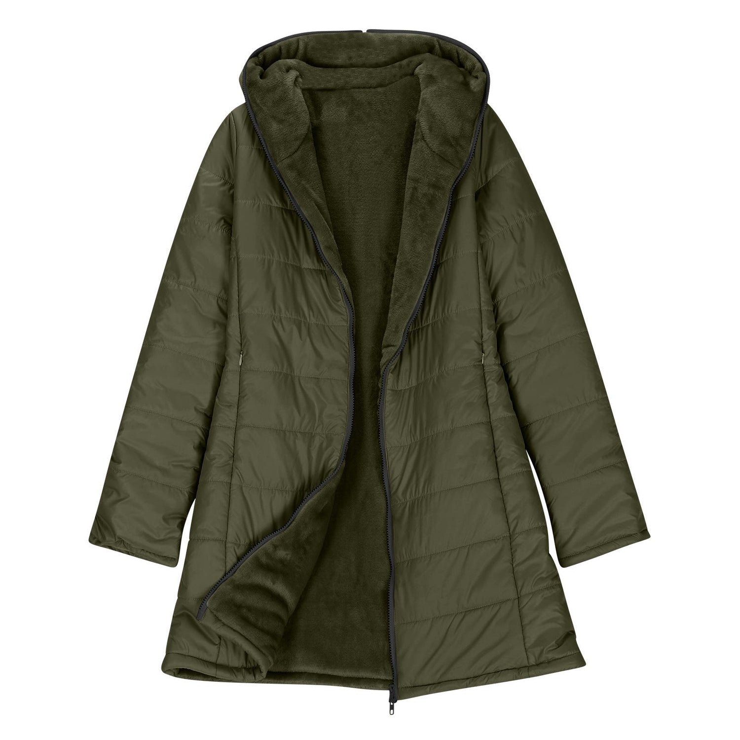 European And American Zipper Outer Wear Hooded Warm Fleece-lined Mid-length Winter Women&