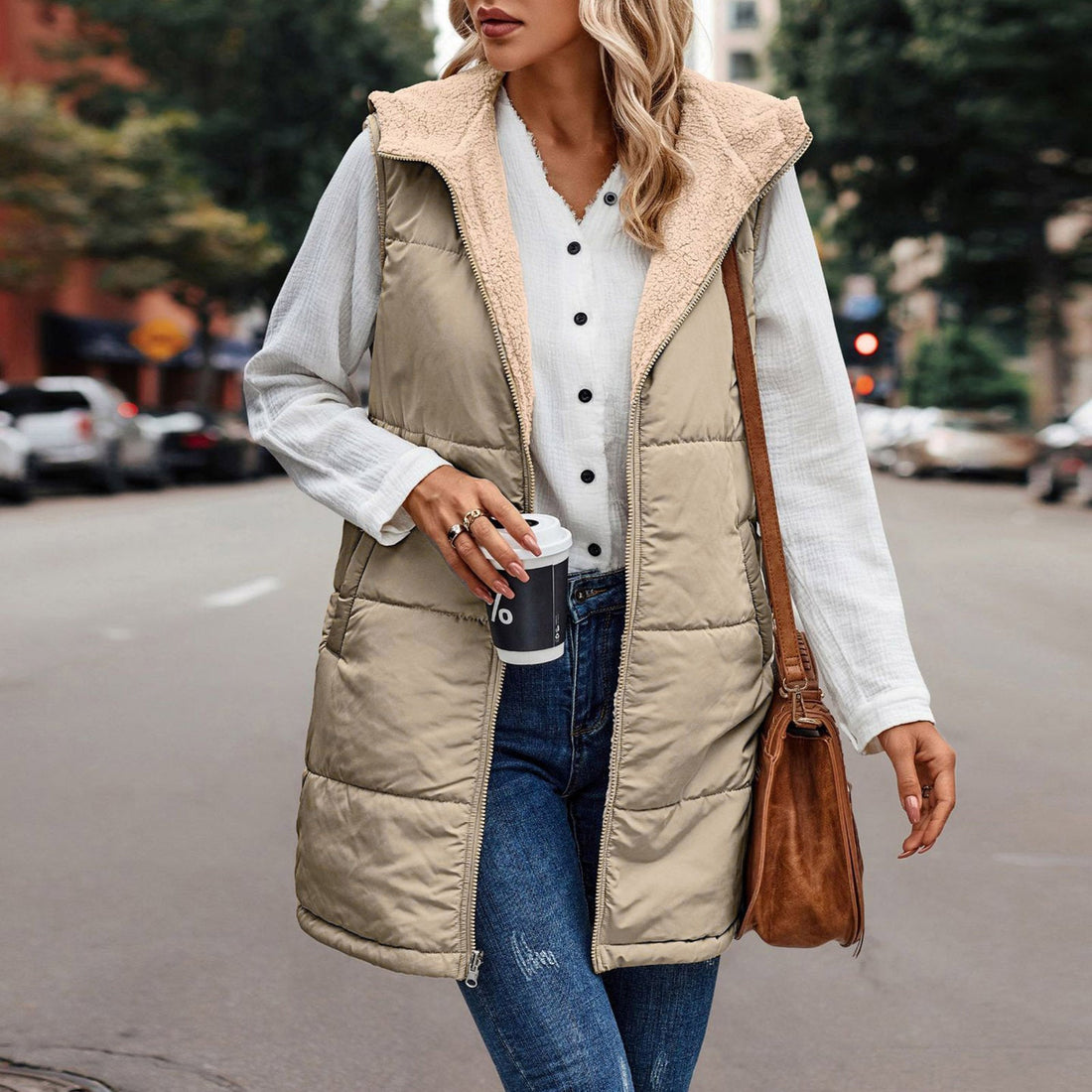 Limorista - European And American Solid Color Hooded Cotton Jacket Vest Double-sided Wear Slim Elegant Cardigan Coat