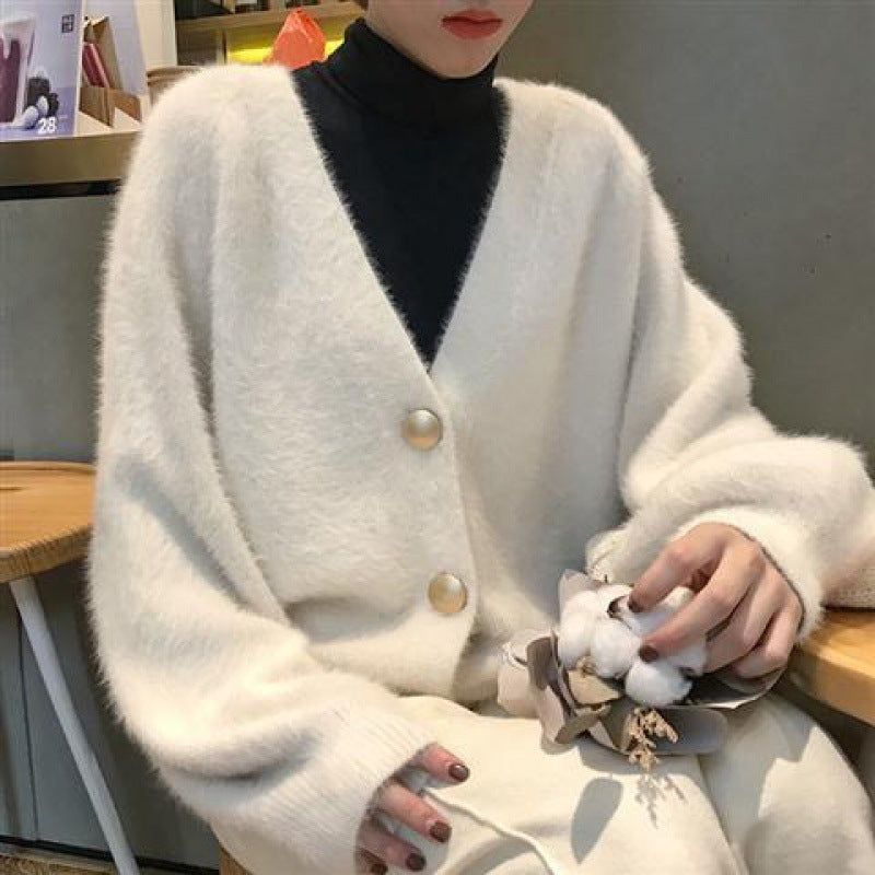 V-Neck Knitted Cardigan Button Mink Like Coat Limorista
