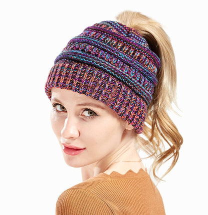 Mixed Color Knitted Wool Hat Ladies Non-labeled Ponytail Hat Limorista