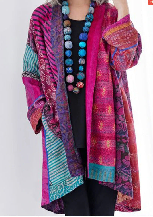 Cotton And Linen Loose Ethnic Style Plus Size Long Sleeve Printed Coat Limorista
