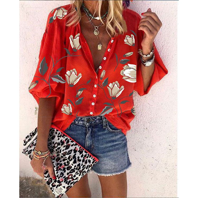 Flower Printed Nine-Sleeve Top Loose Casual Shirt Limorista