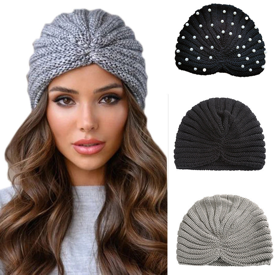 New Winter Knitted Nail Pearl Headscarf Hat Bohemian Knotted Warm Headband Limorista