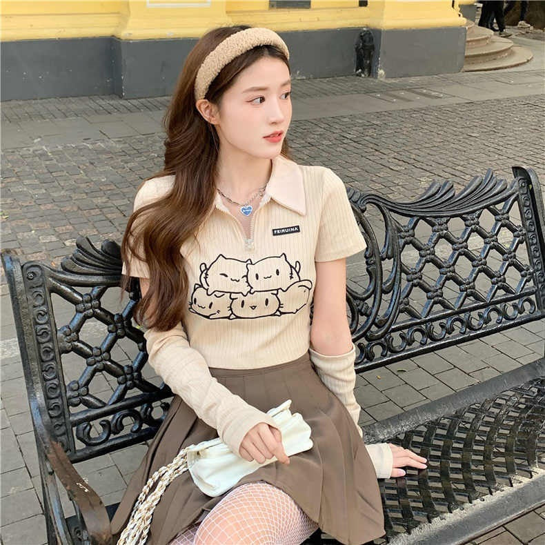 Cute Girl Sense Cream Color Print Polo Neck Short T-shirt Limorista