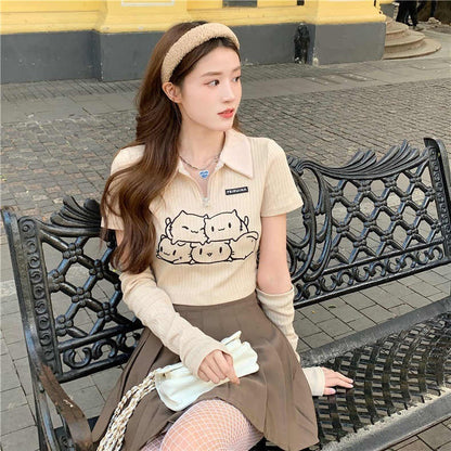 Cute Girl Sense Cream Color Print Polo Neck Short T-shirt Limorista