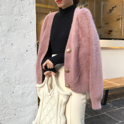 V-Neck Knitted Cardigan Button Mink Like Coat Limorista