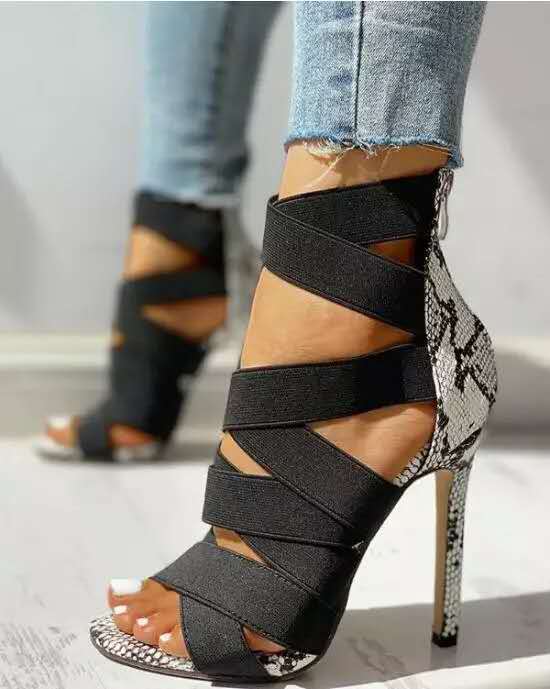 High heels with cross ties snake pattern thin High Heels Sandals Limorista