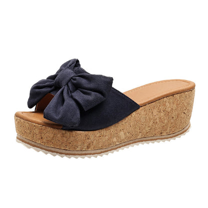 Fashion Bow Leopard Print Wedge Slippers For Women New Thick-sole High Heel Flat Shoes Summer Outdoor Fish Mouth Slippers Limorista