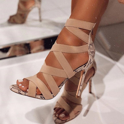 High heels with cross ties snake pattern thin High Heels Sandals Limorista