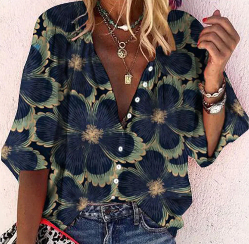 Fashion V-neck 3d Floral Printed Long-sleeved Top Limorista