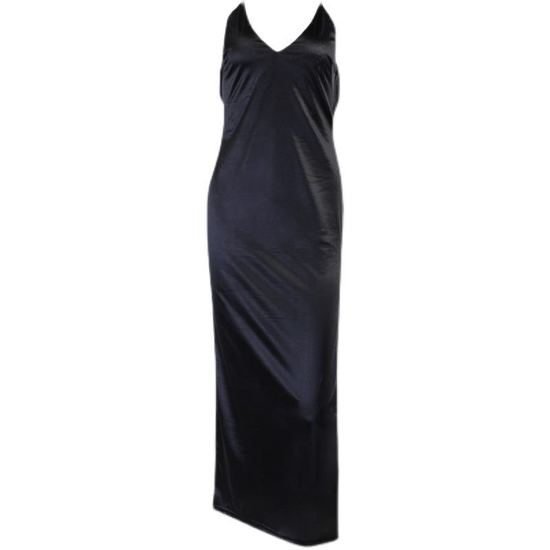 Satin Maxi Dress Women Sexy Black Backless Split Party Dresses Off Shoulder V Neck Limorista