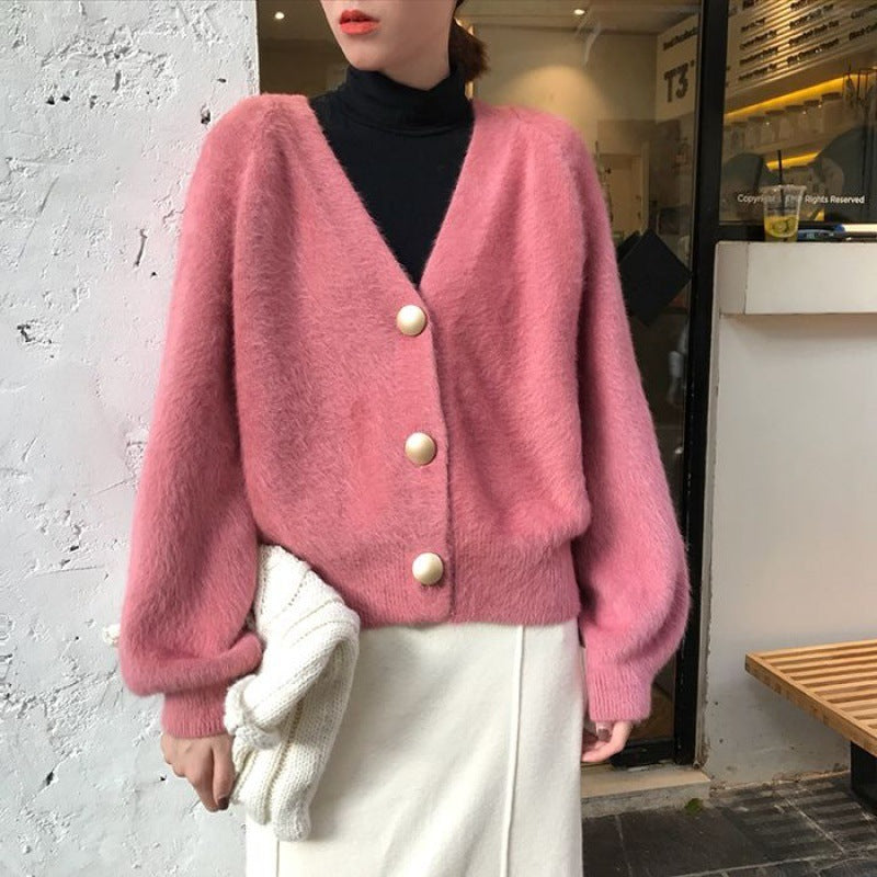 V-Neck Knitted Cardigan Button Mink Like Coat Limorista