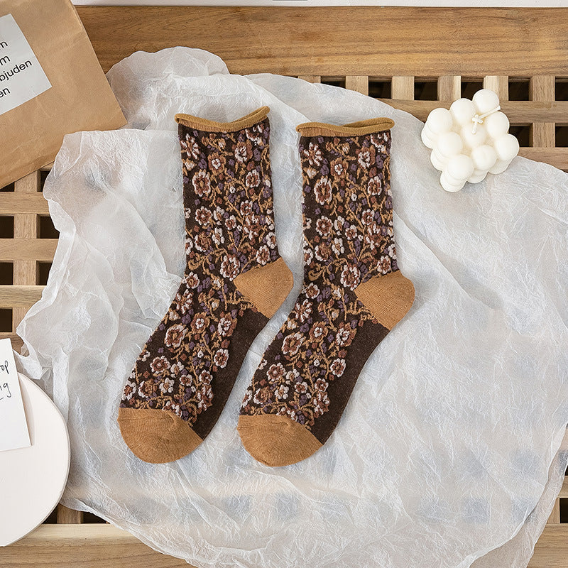 Broken Flower Forest Socks In Pastoral Style Curled Folds Flowers In Tube Limorista