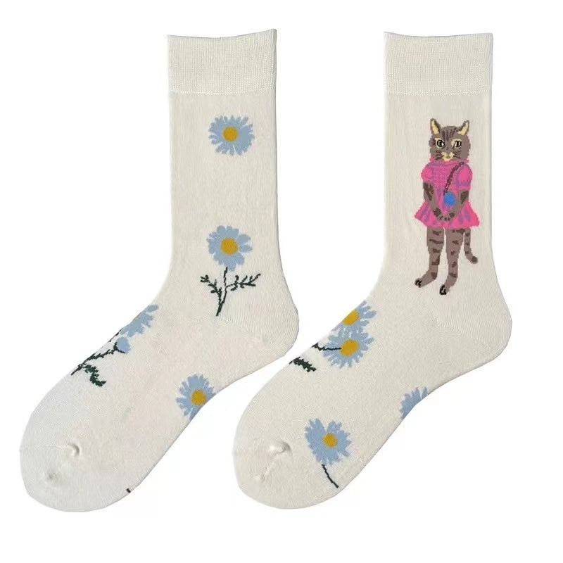 Socks Female Asymmetrical AB Cartoon Cute Plaid In The Tube Spring Men&