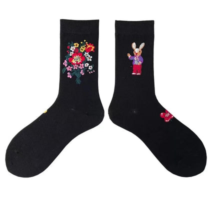 Socks Female Asymmetrical AB Cartoon Cute Plaid In The Tube Spring Men&