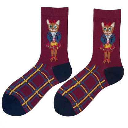 Socks Female Asymmetrical AB Cartoon Cute Plaid In The Tube Spring Men&
