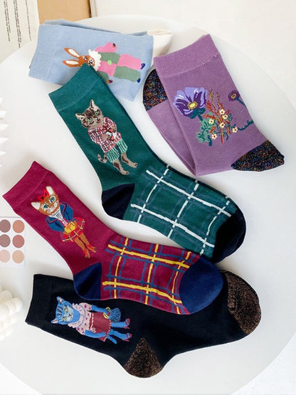 Socks Female Asymmetrical AB Cartoon Cute Plaid In The Tube Spring Men&
