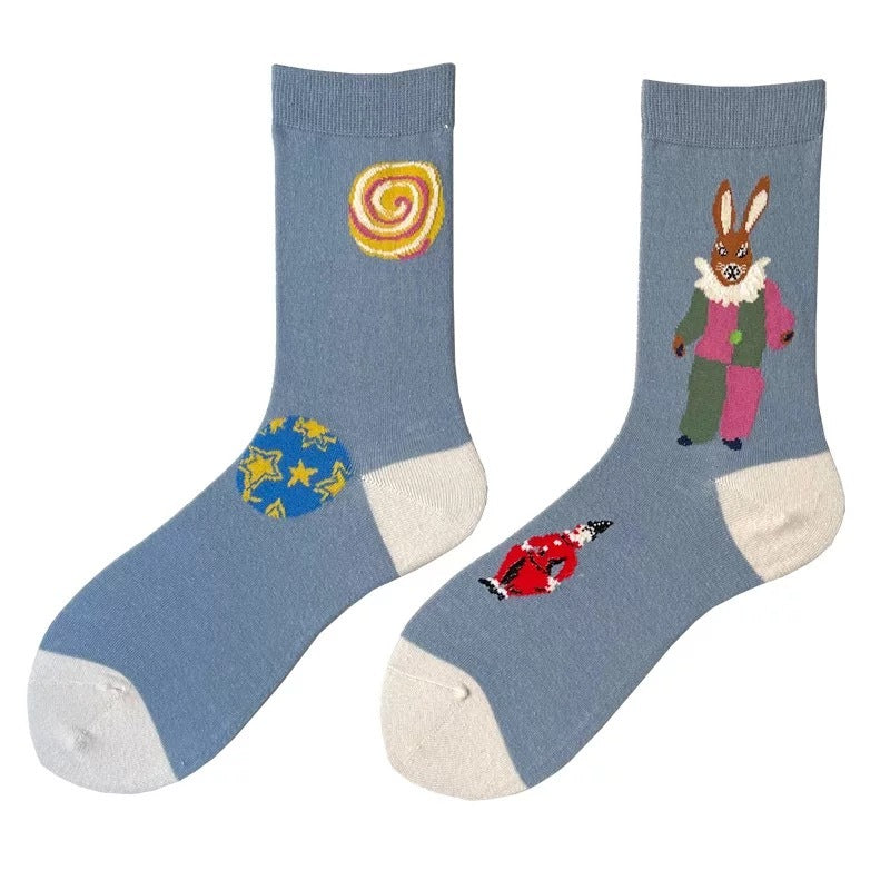 Socks Female Asymmetrical AB Cartoon Cute Plaid In The Tube Spring Men&