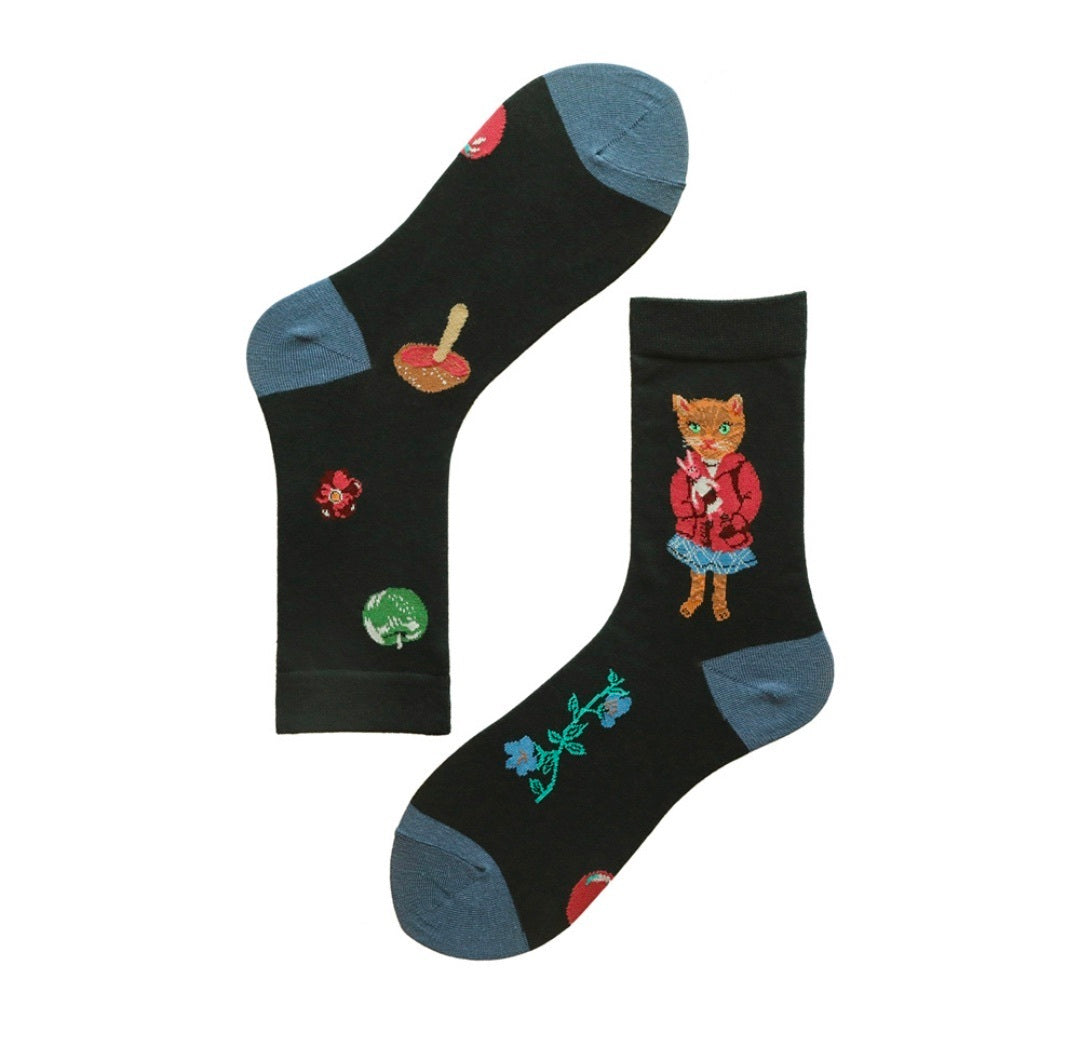Socks Female Asymmetrical AB Cartoon Cute Plaid In The Tube Spring Men&