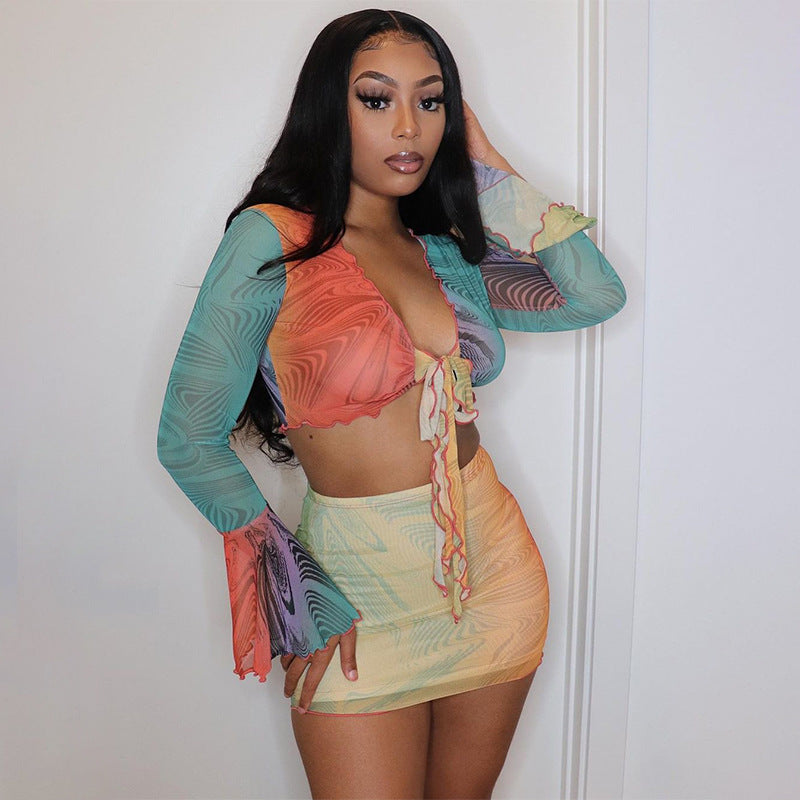 Printed Mesh Long-sleeved Two-piece Skirt Suit Limorista
