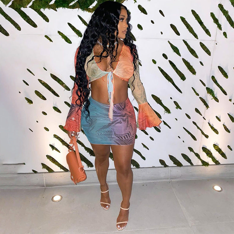Printed Mesh Long-sleeved Two-piece Skirt Suit Limorista