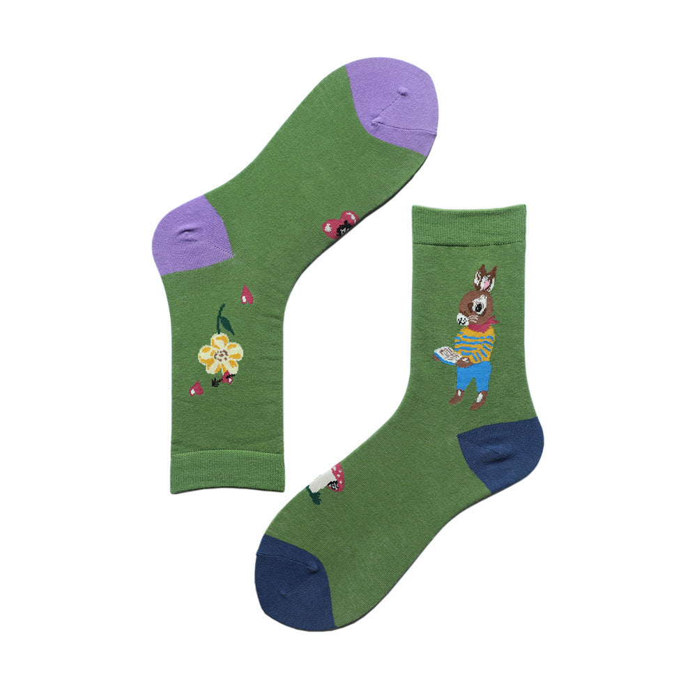 Socks Female Asymmetrical AB Cartoon Cute Plaid In The Tube Spring Men&