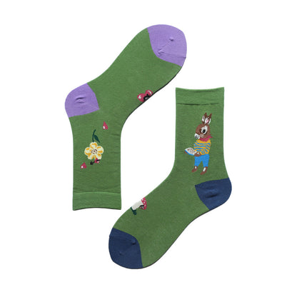 Socks Female Asymmetrical AB Cartoon Cute Plaid In The Tube Spring Men&