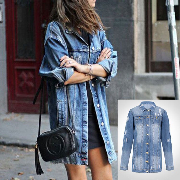 Limorista - Mid-length Dark Ripped Denim Trench Coat