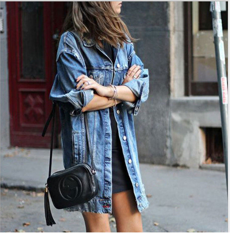 Mid-length Dark Ripped Denim Trench Coat Limorista
