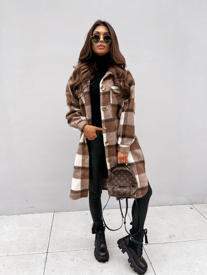 Button Lapel Casual Warm Plaid Long Woolen Coat Limorista