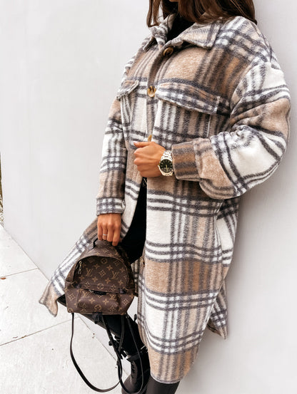 Button Lapel Casual Warm Plaid Long Woolen Coat Limorista