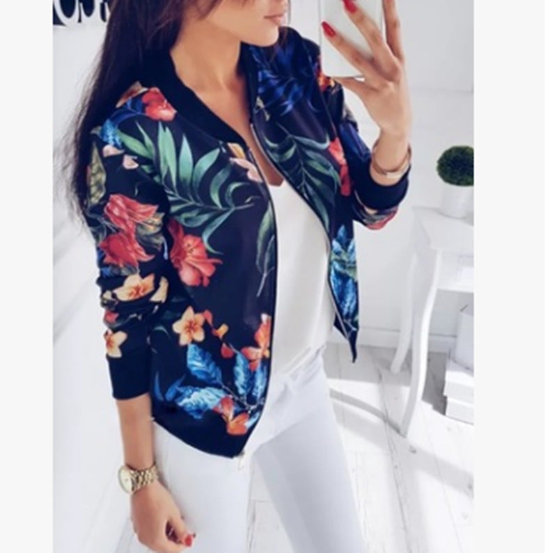 Fashion Printed Round Neck Zipper Long Sleeve Coat Limorista