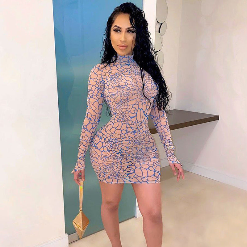 Simenual Digital Print Mesh Hot Bodycon Dress Women Long Sleeve Finger Buckle Partywear Transparent Club Sexy Hot Mini Dresses Limorista