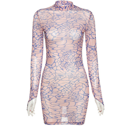 Simenual Digital Print Mesh Hot Bodycon Dress Women Long Sleeve Finger Buckle Partywear Transparent Club Sexy Hot Mini Dresses Limorista
