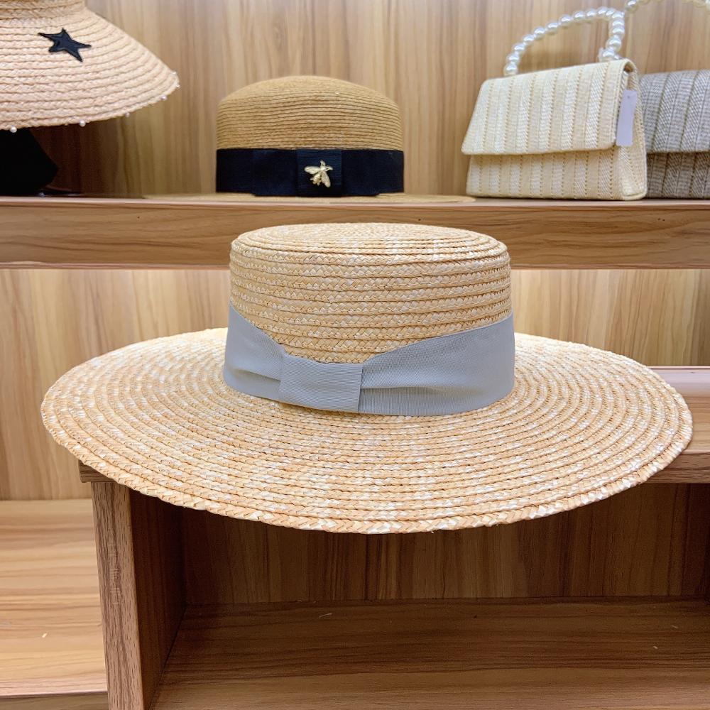 Axin Hat Ornaments Gray Tie Knot Flat Top Thin Straw Wide Brim Top Hat Flat Top Hat Straw Hat Limorista