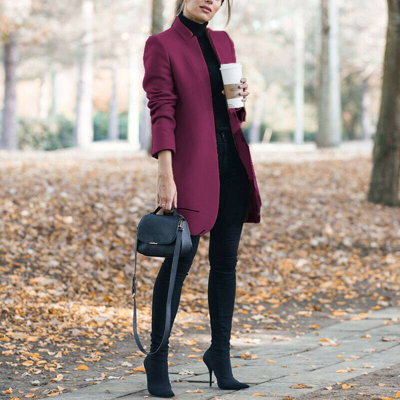 Autumn And Winter New Style European And American Fashion Solid Color Stand-Up Collar Woolen Blazer Limorista