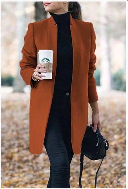 Autumn And Winter New Style European And American Fashion Solid Color Stand-Up Collar Woolen Blazer Limorista